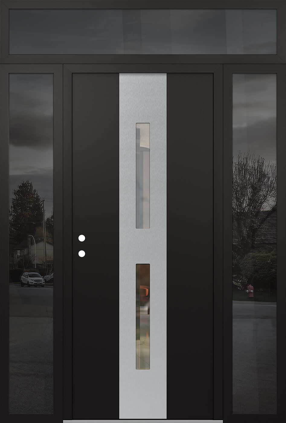 Modern Steel Front Door DIAMOND A6 68" X 96" BLACK/BLACK CLEAR GLASS PANEL STAINLESS STEEL RHI WITH 2 SIDELITES AND TRANSOM FROSTED GLASS