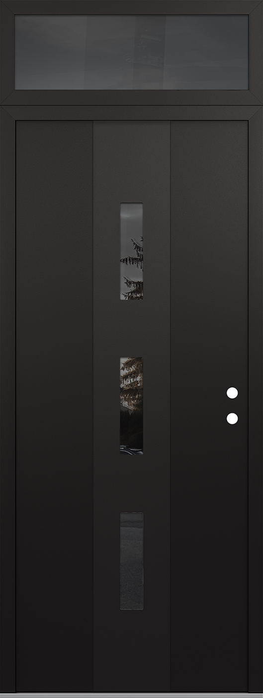 Modern Steel Front Door DIAMOND A7 36" X 96" BLACK/BLACK MIRRORED GLASS PANEL BLACK LHI WITH TRANSOM MIRRORED GLASS