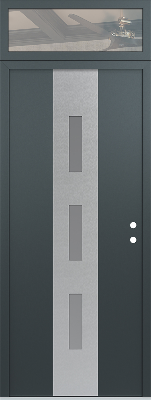 Modern Steel Front Door DIAMOND A7 36" X 96" ANTHRACITE/ANTHRACITE FROSTED GLASS PANEL STAINLESS STEEL LHI WITH TRANSOM MIRRORED GLASS