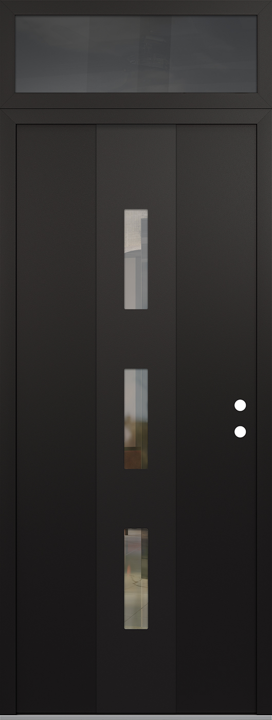 Modern Steel Front Door DIAMOND A7 36" X 96" BLACK/BLACK CLEAR GLASS PANEL BLACK LHI WITH TRANSOM MIRRORED GLASS