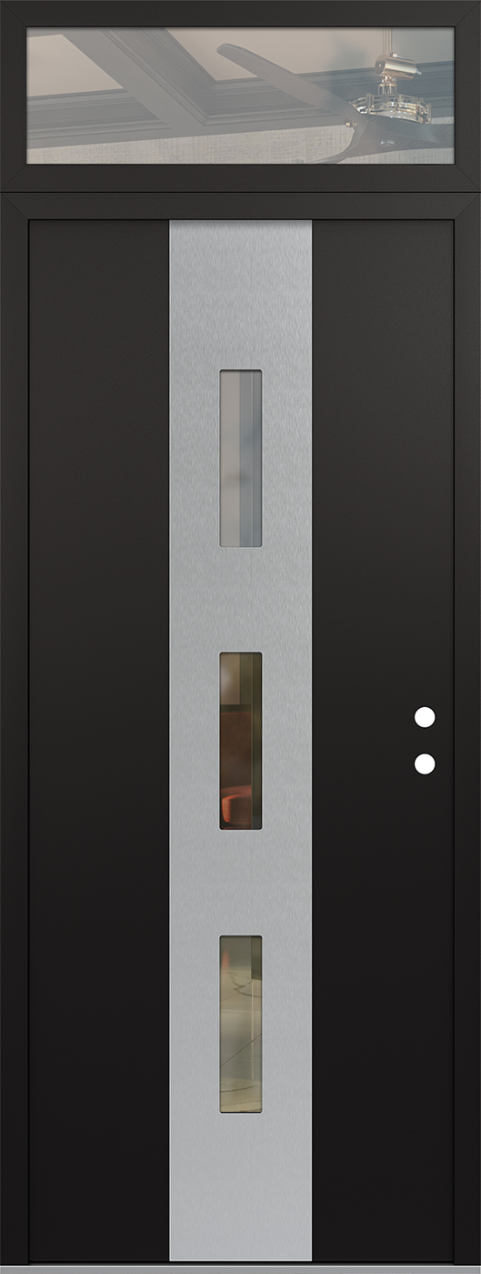 MODERN STEEL FRONT DOOR DIAMOND A7 36" X 96" BLACK/BLACK CLEAR GLASS PANEL STAINLESS STEEL LHI WITH TRANSOM CLEAR GLASS
