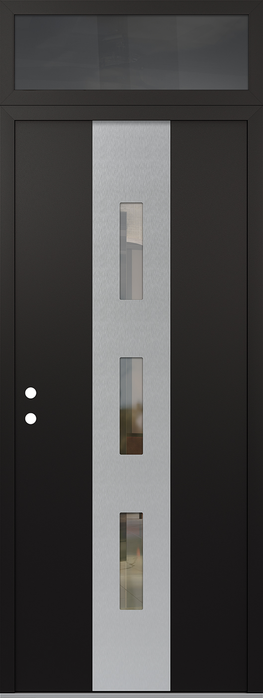 MODERN STEEL FRONT DOOR DIAMOND A7 36" X 96" BLACK/BLACK CLEAR GLASS PANEL STAINLESS STEEL RHI WITH TRANSOM CLEAR GLASS