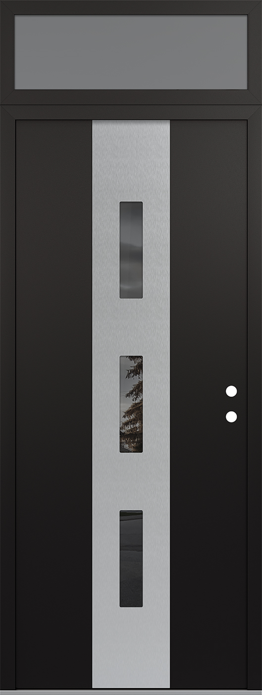 MODERN STEEL FRONT DOOR DIAMOND A7 36" X 96" BLACK/BLACK MIRRORED GLASS PANEL STAINLESS STEEL LHI WITH TRANSOM FROSTED GLASS