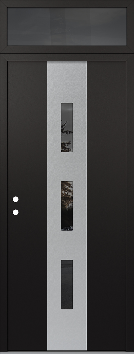 MODERN STEEL FRONT DOOR DIAMOND A7 36" X 96" BLACK/BLACK MIRRORED GLASS PANEL STAINLESS STEEL RHI WITH TRANSOM FROSTED GLASS