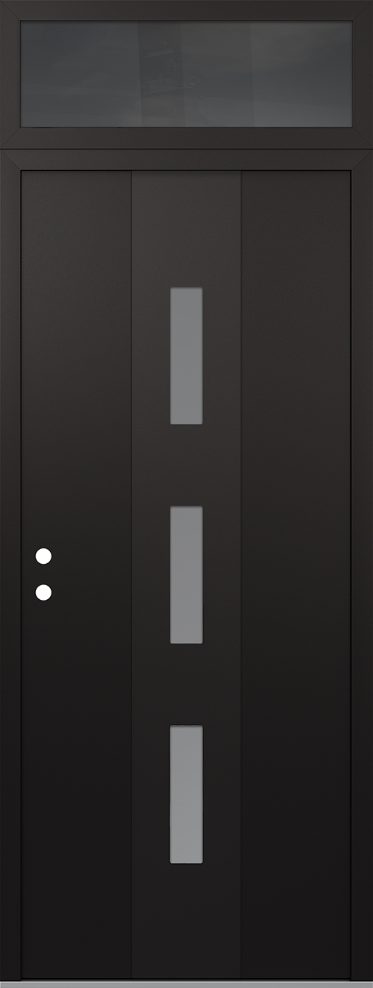 MODERN STEEL FRONT DOOR DIAMOND A7 36" X 96" BLACK/WHITE FROSTED GLASS PANEL BLACK RHI WITH TRANSOM MIRRORED GLASS