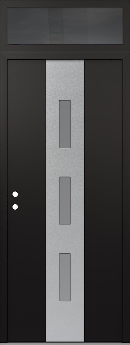 MODERN STEEL FRONT DOOR DIAMOND A7 36" X 96" BLACK/WHITE FROSTED GLASS PANEL STAINLESS STEEL RHI WITH TRANSOM FROSTED GLASS