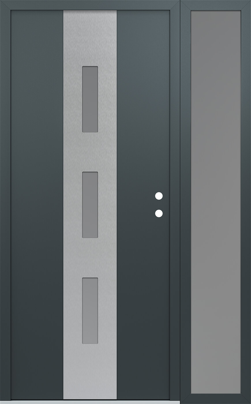 Modern Steel Front Door DIAMOND A7 48" X 80" ANTHRACITE/ANTHRACITE FROSTED GLASS PANEL STAINLESS STEEL RHI WITH SIDELITE CLEAR GLASS