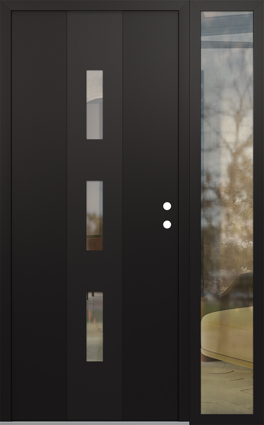 Modern Steel Front Door DIAMOND A7 48" X 80" BLACK/BLACK CLEAR GLASS PANEL BLACK LHI WITH SIDELITE CLEAR GLASS