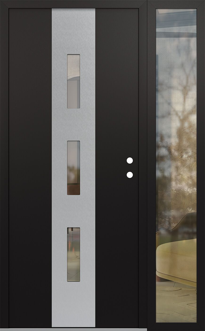MODERN STEEL FRONT DOOR DIAMOND A7 48" X 80" BLACK/BLACK CLEAR GLASS PANEL STAINLESS STEEL LHI WITH SIDELITE MIRRORED GLASS