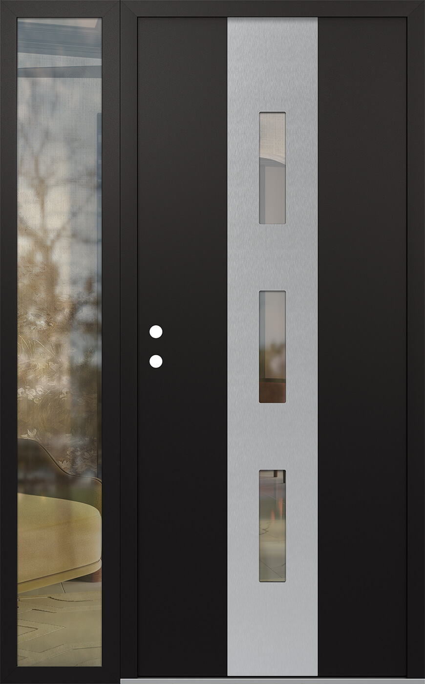 MODERN STEEL FRONT DOOR DIAMOND A7 48" X 80" BLACK/BLACK CLEAR GLASS PANEL STAINLESS STEEL RHI WITH SIDELITE CLEAR GLASS