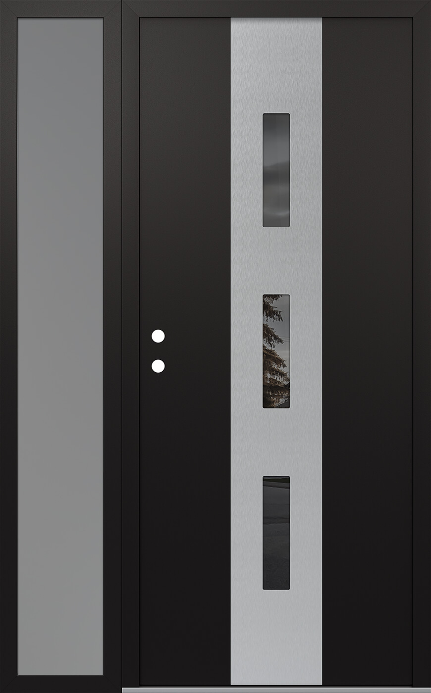 MODERN STEEL FRONT DOOR DIAMOND A7 48" X 80" BLACK/BLACK MIRRORED GLASS PANEL STAINLESS STEEL RHI WITH SIDELITE FROSTED GLASS