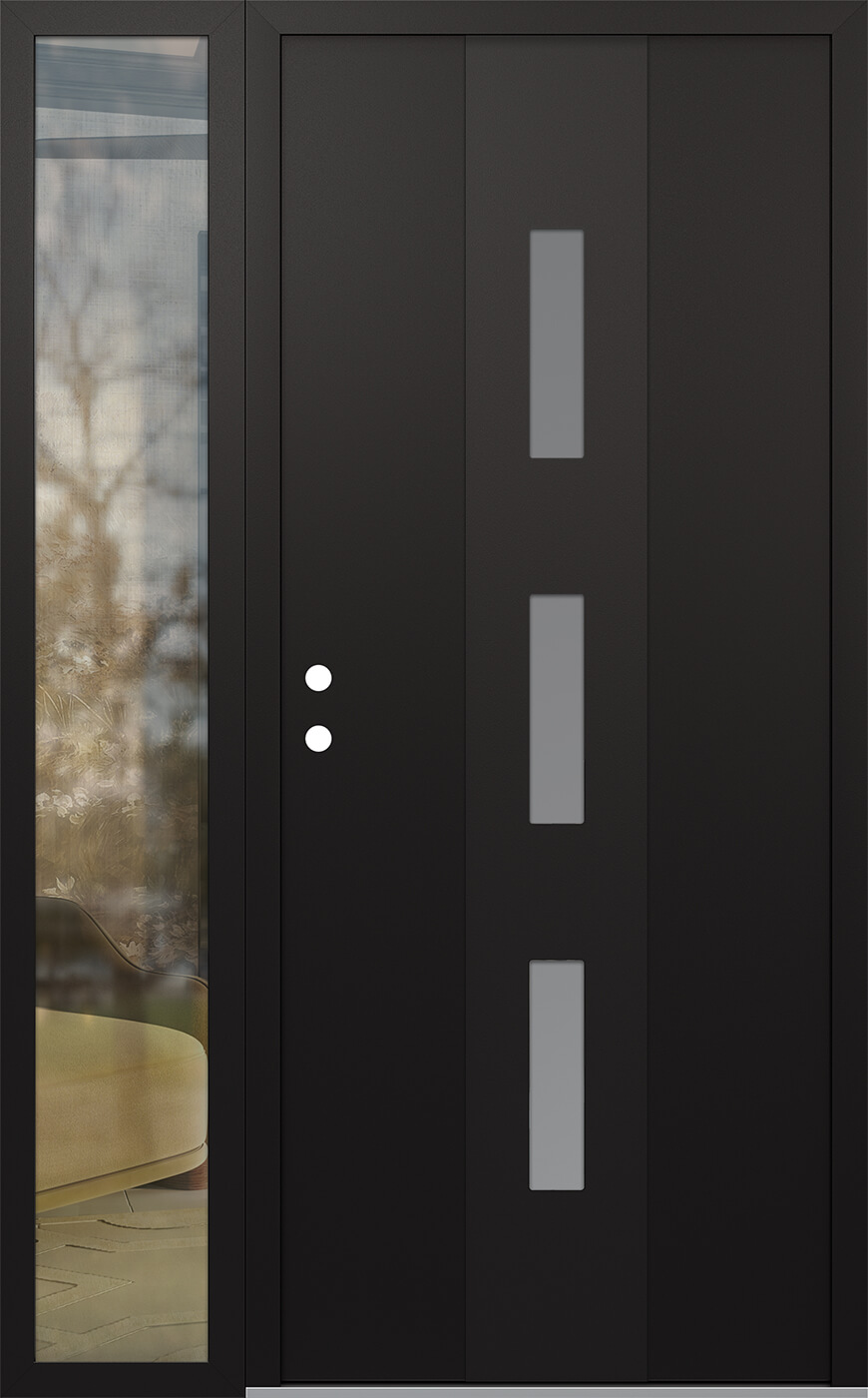 MODERN STEEL FRONT DOOR DIAMOND A7 48" X 80" BLACK/WHITE FROSTED GLASS PANEL BLACK RHI WITH SIDELITE CLEAR GLASS