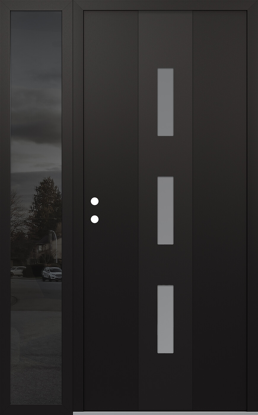 MODERN STEEL FRONT DOOR DIAMOND A7 48" X 80" BLACK/WHITE FROSTED GLASS PANEL BLACK RHI WITH SIDELITE MIRRORED GLASS