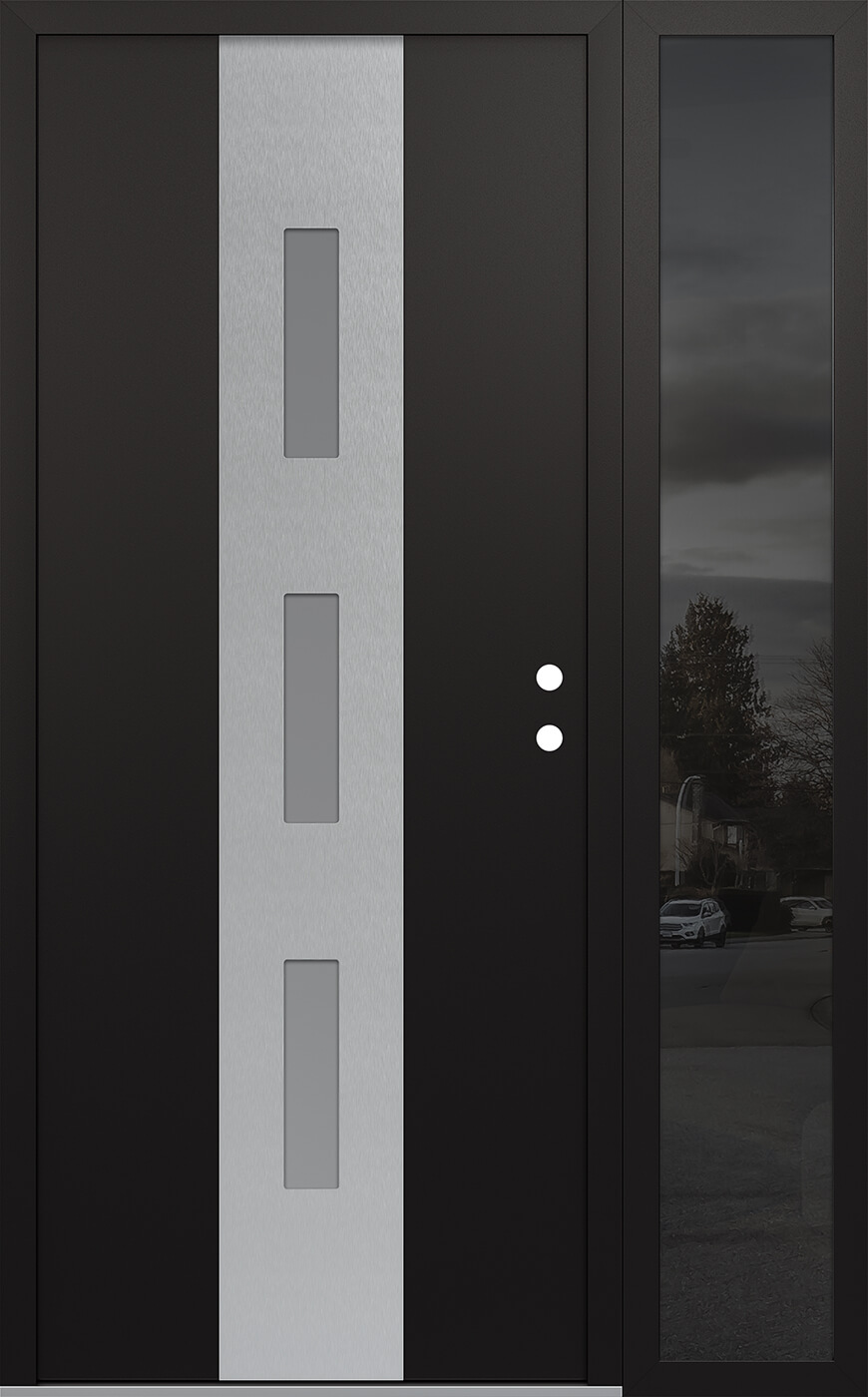 MODERN STEEL FRONT DOOR DIAMOND A7 48" X 80" BLACK/WHITE FROSTED GLASS PANEL STAINLESS STEEL LHI WITH SIDELITE FROSTED GLASS