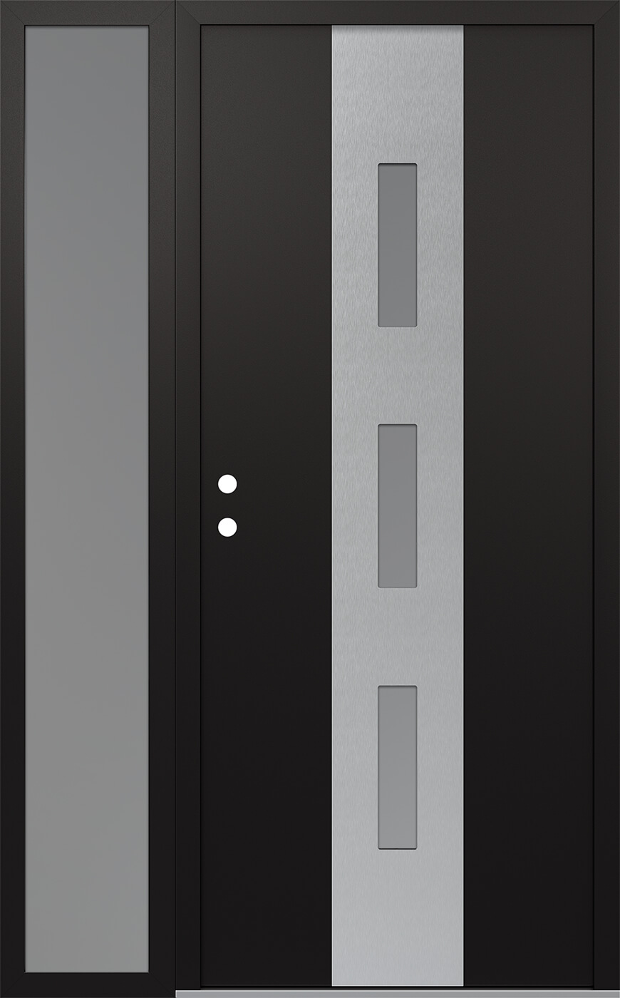 MODERN STEEL FRONT DOOR DIAMOND A7 48" X 80" BLACK/WHITE FROSTED GLASS PANEL STAINLESS STEEL RHI WITH SIDELITE MIRRORED GLASS