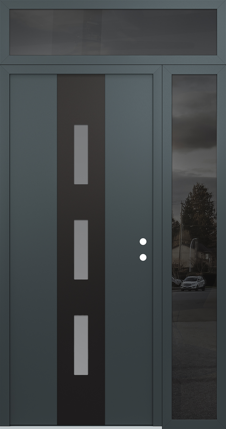Modern Steel Front Door DIAMOND A7 48" X 96" ANTHRACITE/ANTHRACITE FROSTED GLASS PANEL BLACK LHI WITH SIDELITE AND TRANSOM CLEAR GLASS