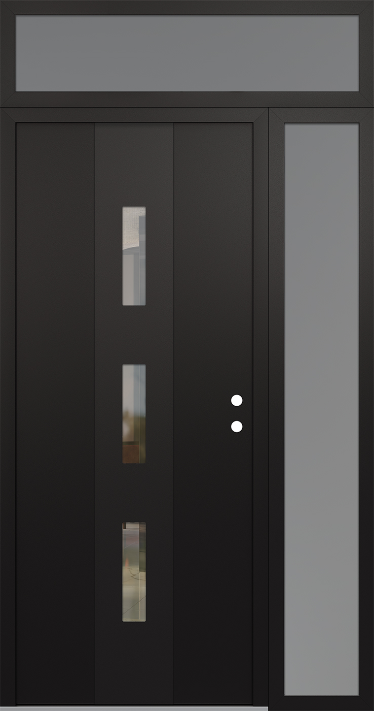 Modern Steel Front Door DIAMOND A7 48" X 96" BLACK/BLACK CLEAR GLASS PANEL BLACK LHI WITH SIDELITE AND TRANSOM CLEAR GLASS