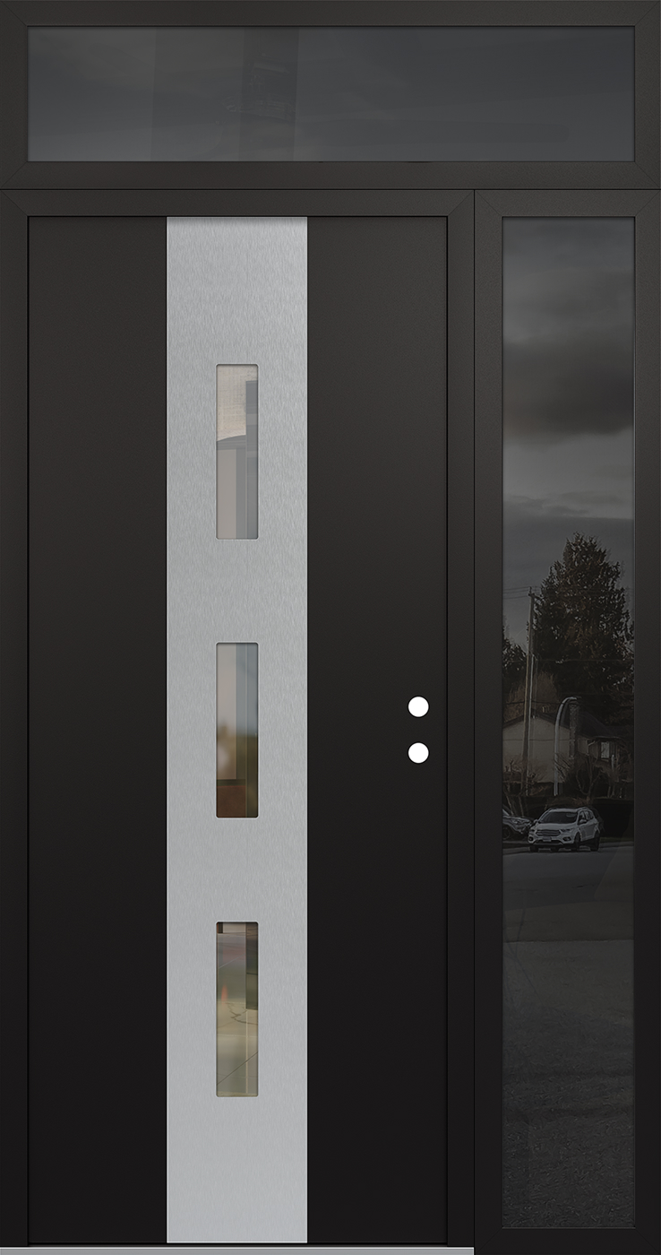 MODERN STEEL FRONT DOOR DIAMOND A7 48" X 96" BLACK/BLACK CLEAR GLASS PANEL STAINLESS STEEL LHI WITH SIDELITE AND TRANSOM MIRRORED GLASS