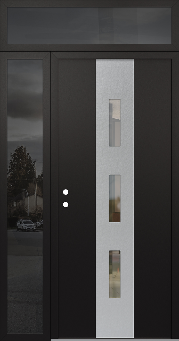 MODERN STEEL FRONT DOOR DIAMOND A7 48" X 96" BLACK/BLACK CLEAR GLASS PANEL STAINLESS STEEL RHI WITH SIDELITE AND TRANSOM CLEAR GLASS