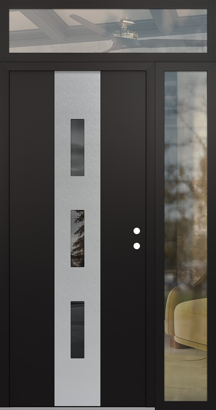 MODERN STEEL FRONT DOOR DIAMOND A7 48" X 96" BLACK/BLACK MIRRORED GLASS PANEL STAINLESS STEEL LHI WITH SIDELITE AND TRANSOM FROSTED GLASS