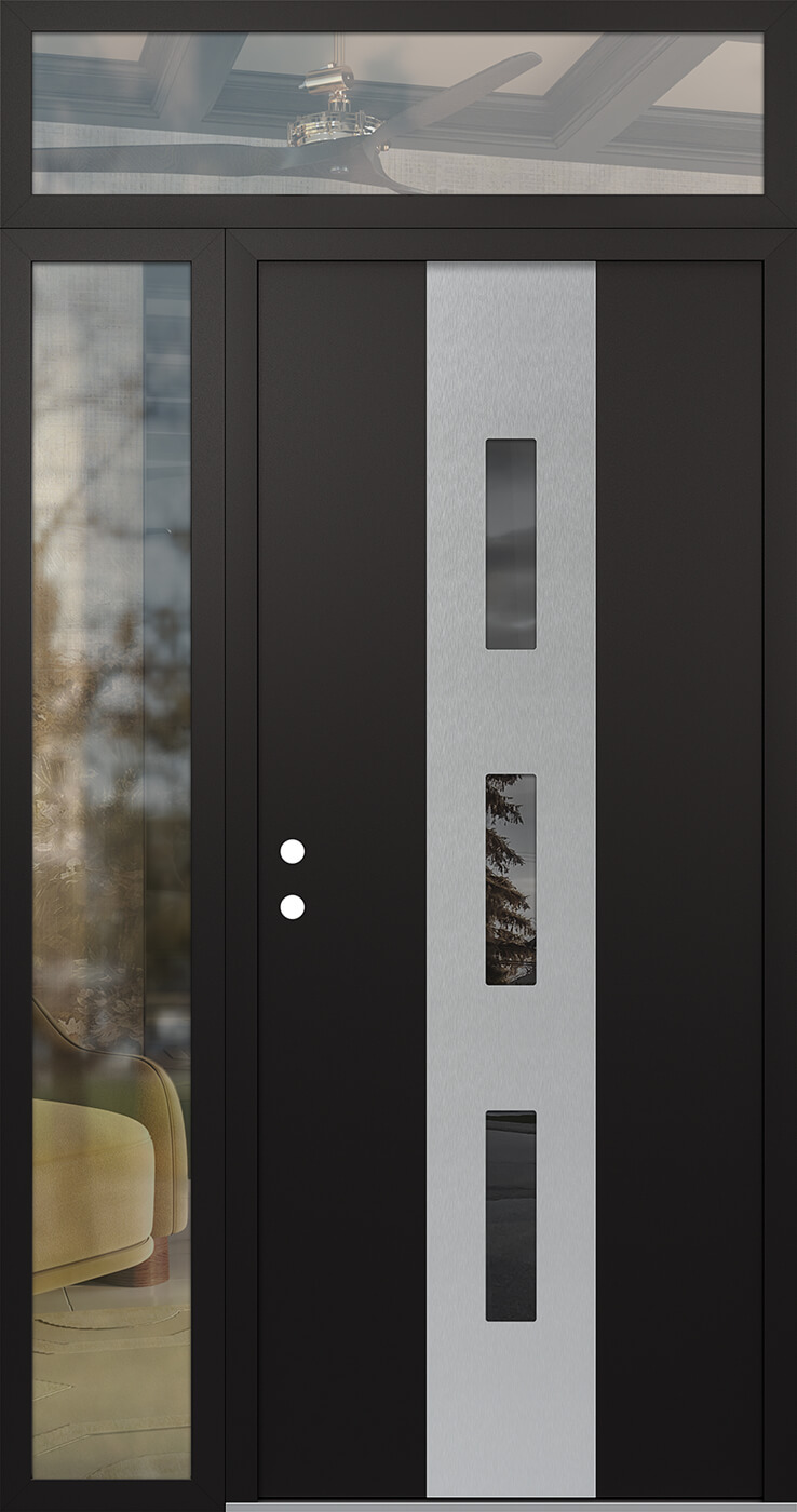 MODERN STEEL FRONT DOOR DIAMOND A7 48" X 96" BLACK/BLACK MIRRORED GLASS PANEL STAINLESS STEEL RHI WITH SIDELITE AND TRANSOM CLEAR GLASS