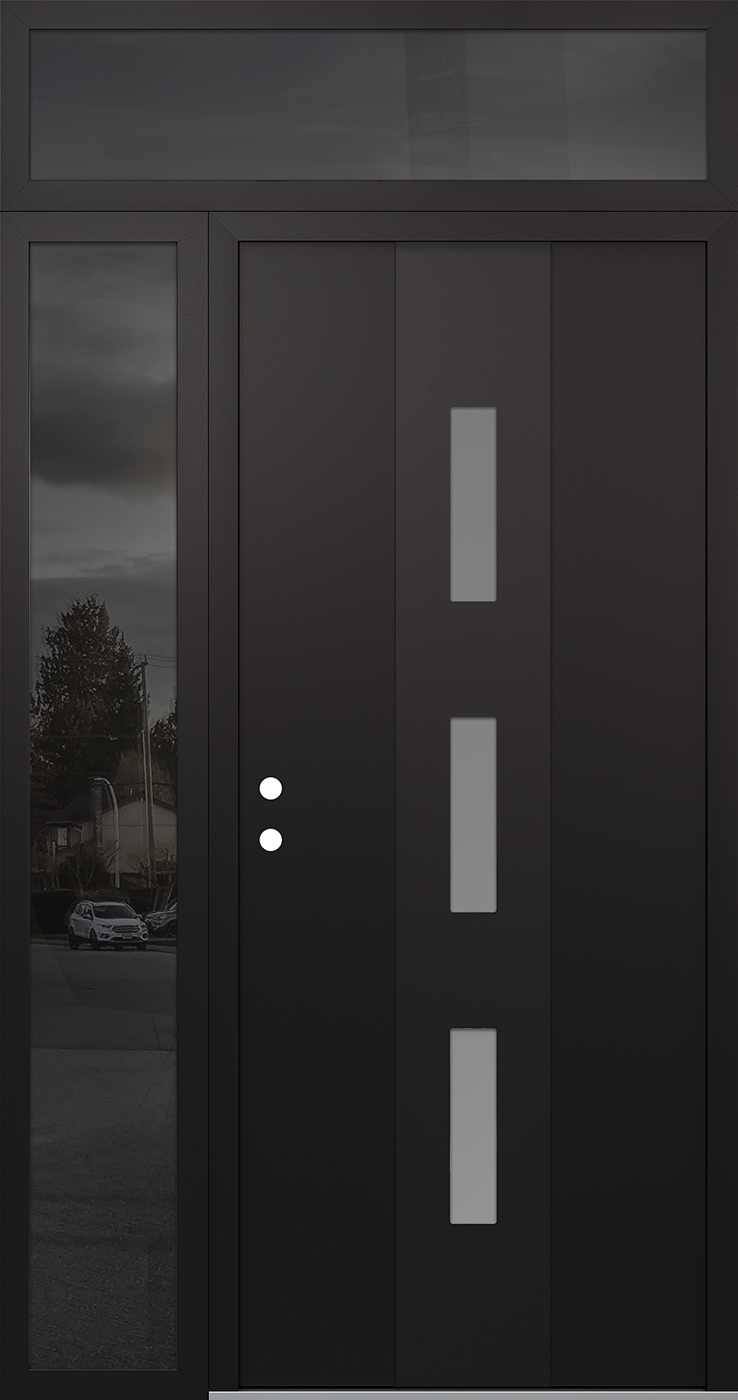 MODERN STEEL FRONT DOOR DIAMOND A7 48" X 96" BLACK/WHITE FROSTED GLASS PANEL BLACK RHI WITH SIDELITE AND TRANSOM FROSTED GLASS