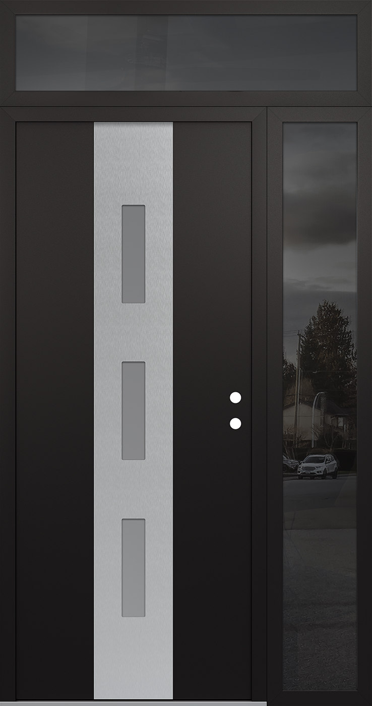 MODERN STEEL FRONT DOOR DIAMOND A7 48" X 96" BLACK/WHITE FROSTED GLASS PANEL STAINLESS STEEL LHI WITH SIDELITE AND TRANSOM FROSTED GLASS