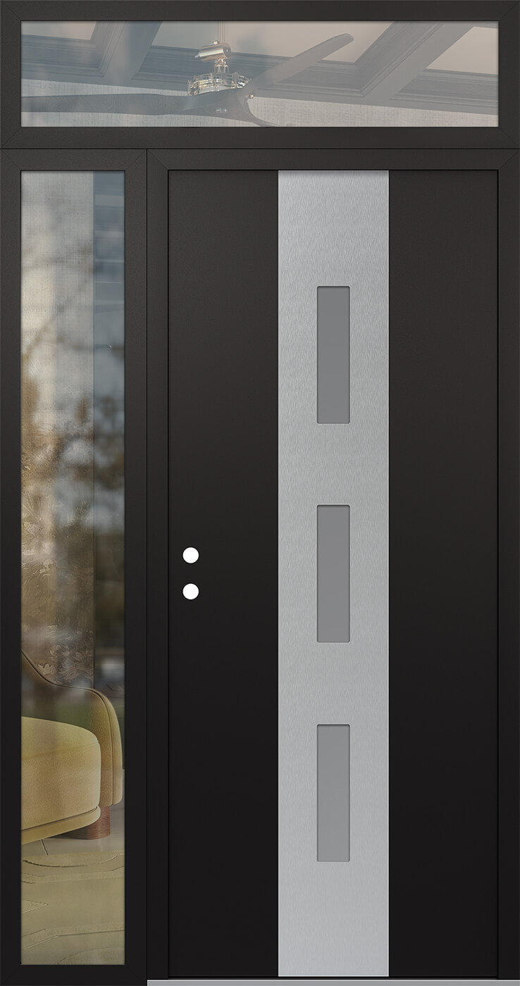 MODERN STEEL FRONT DOOR DIAMOND A7 48" X 96" BLACK/WHITE FROSTED GLASS PANEL STAINLESS STEEL RHI WITH SIDELITE AND TRANSOM MIRRORED GLASS