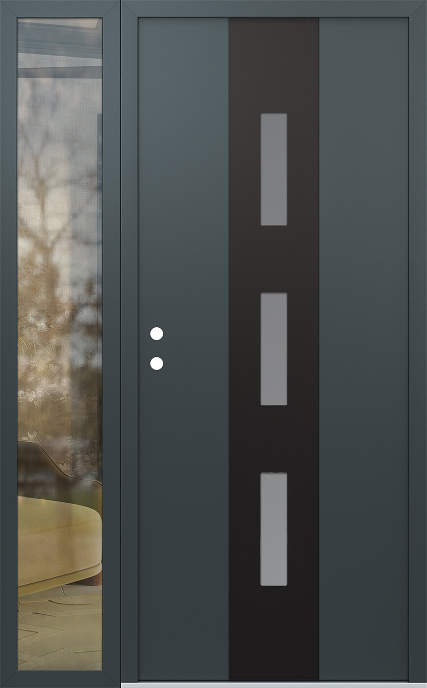 Modern Steel Front Door DIAMOND A7 50" X 80" ANTHRACITE/ANTHRACITE FROSTED GLASS PANEL BLACK RHI WITH SIDELITE FROSTED GLASS