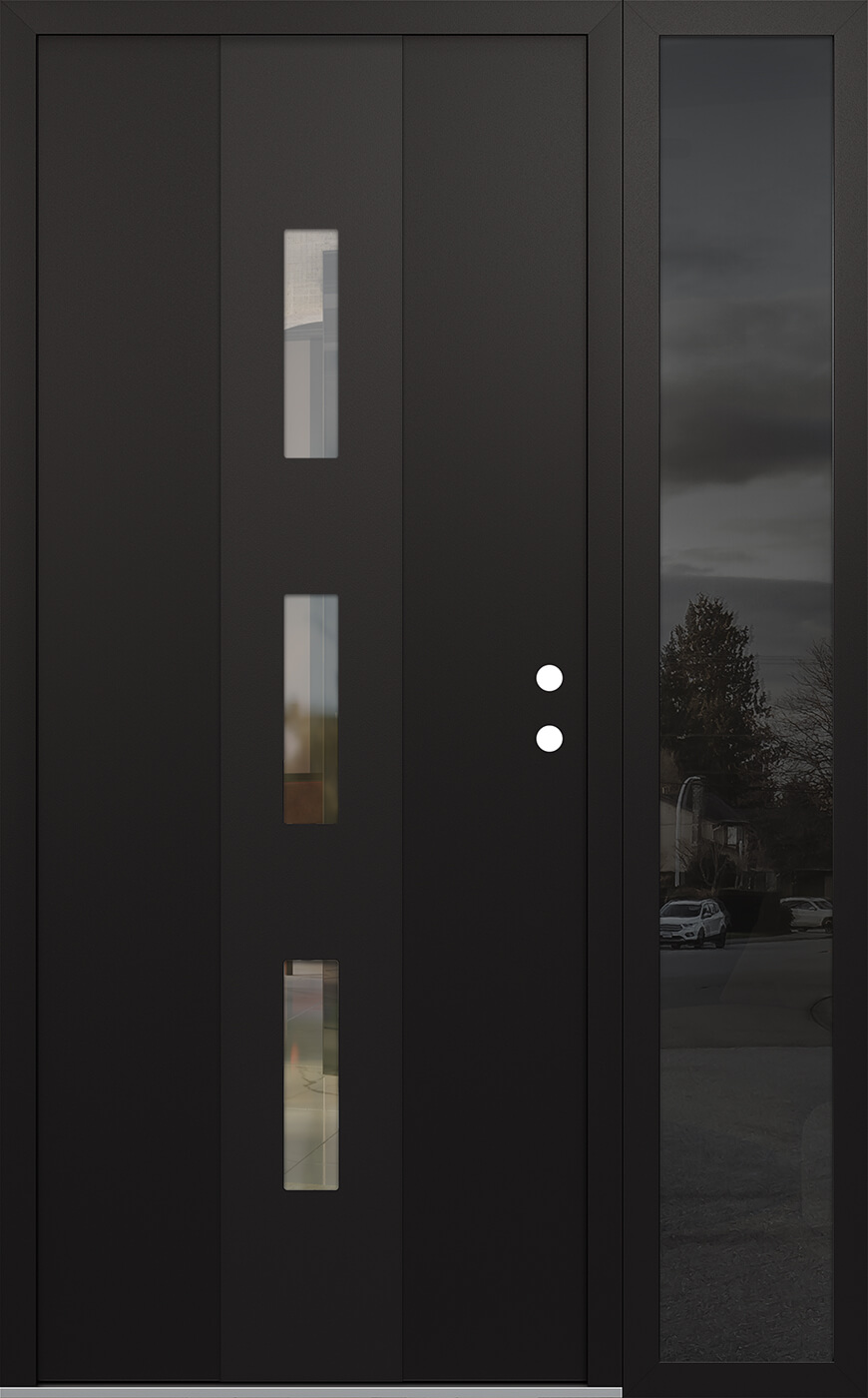 Modern Steel Front Door DIAMOND A7 50" X 80" BLACK/BLACK CLEAR GLASS PANEL BLACK LHI WITH SIDELITE MIRRORED GLASS