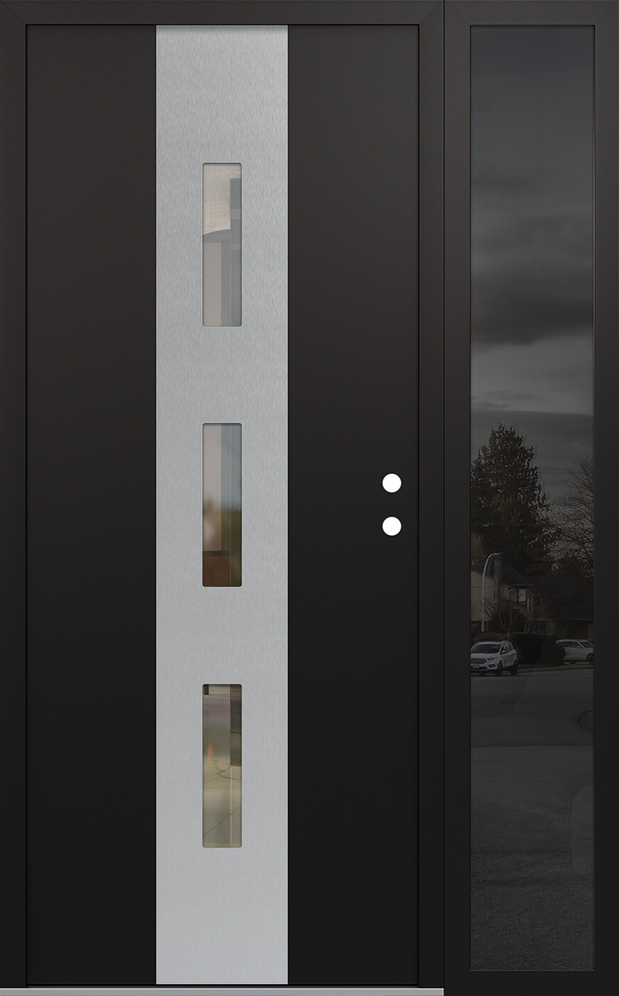 MODERN STEEL FRONT DOOR DIAMOND A7 50" X 80" BLACK/BLACK CLEAR GLASS PANEL STAINLESS STEEL LHI WITH SIDELITE MIRRORED GLASS