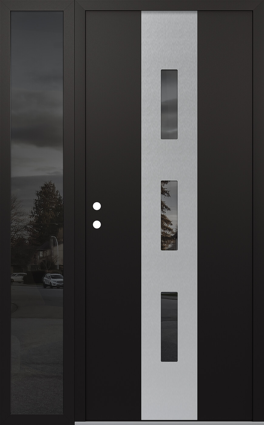 MODERN STEEL FRONT DOOR DIAMOND A7 50" X 80" BLACK/BLACK MIRRORED GLASS PANEL STAINLESS STEEL RHI WITH SIDELITE CLEAR GLASS