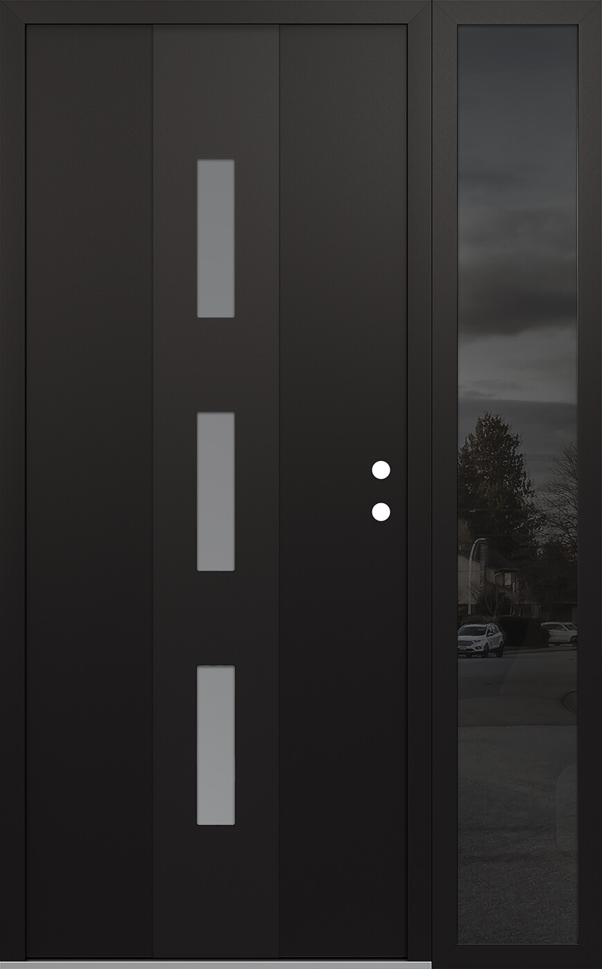 MODERN STEEL FRONT DOOR DIAMOND A7 50" X 80" BLACK/WHITE FROSTED GLASS PANEL BLACK LHI WITH SIDELITE MIRRORED GLASS
