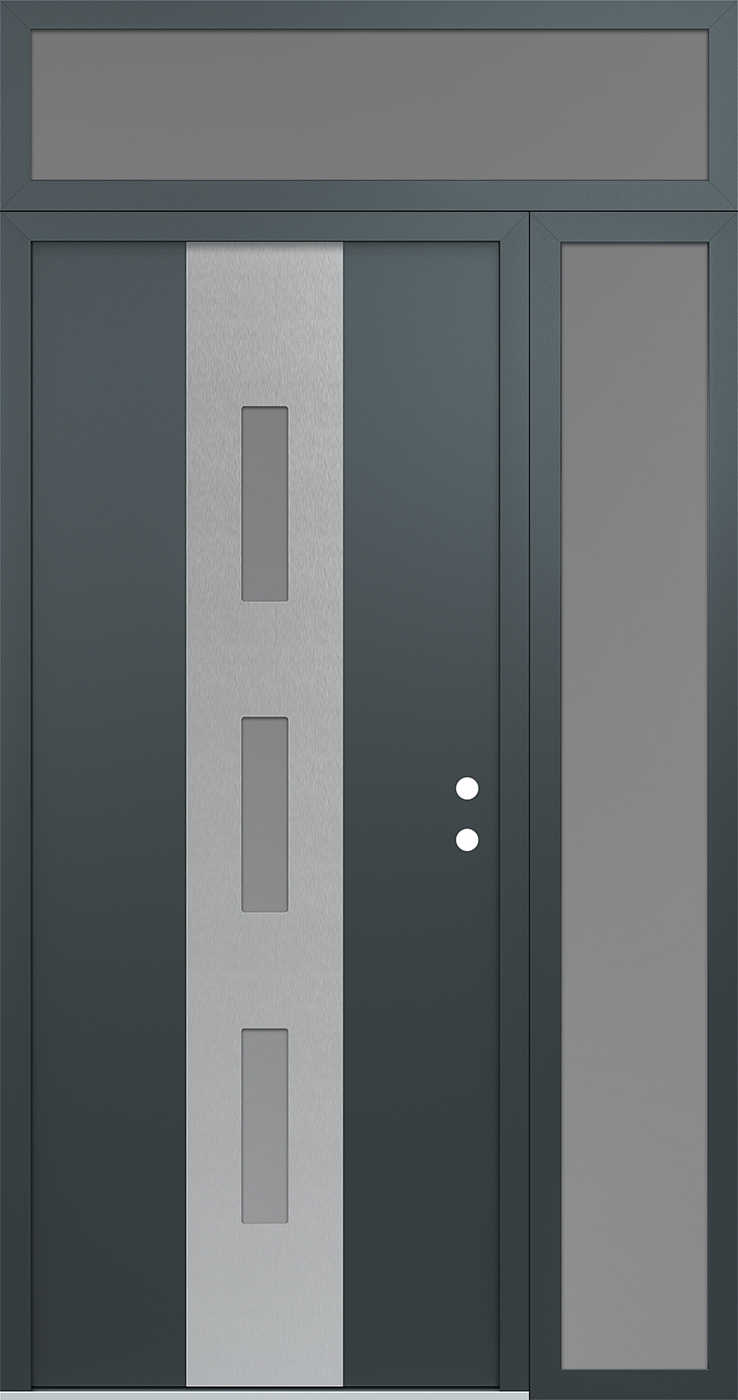Modern Steel Front Door DIAMOND A7 50" X 96" ANTHRACITE/ANTHRACITE FROSTED GLASS PANEL STAINLESS STEEL LHI WITH SIDELITE AND TRANSOM CLEAR GLASS