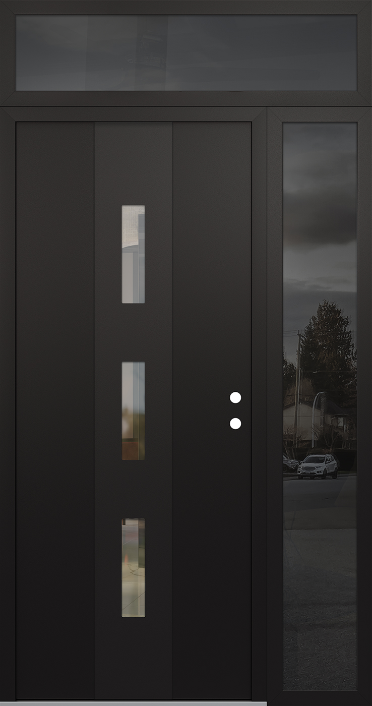 Modern Steel Front Door DIAMOND A7 50" X 96" BLACK/BLACK CLEAR GLASS PANEL BLACK LHI WITH SIDELITE AND TRANSOM CLEAR GLASS