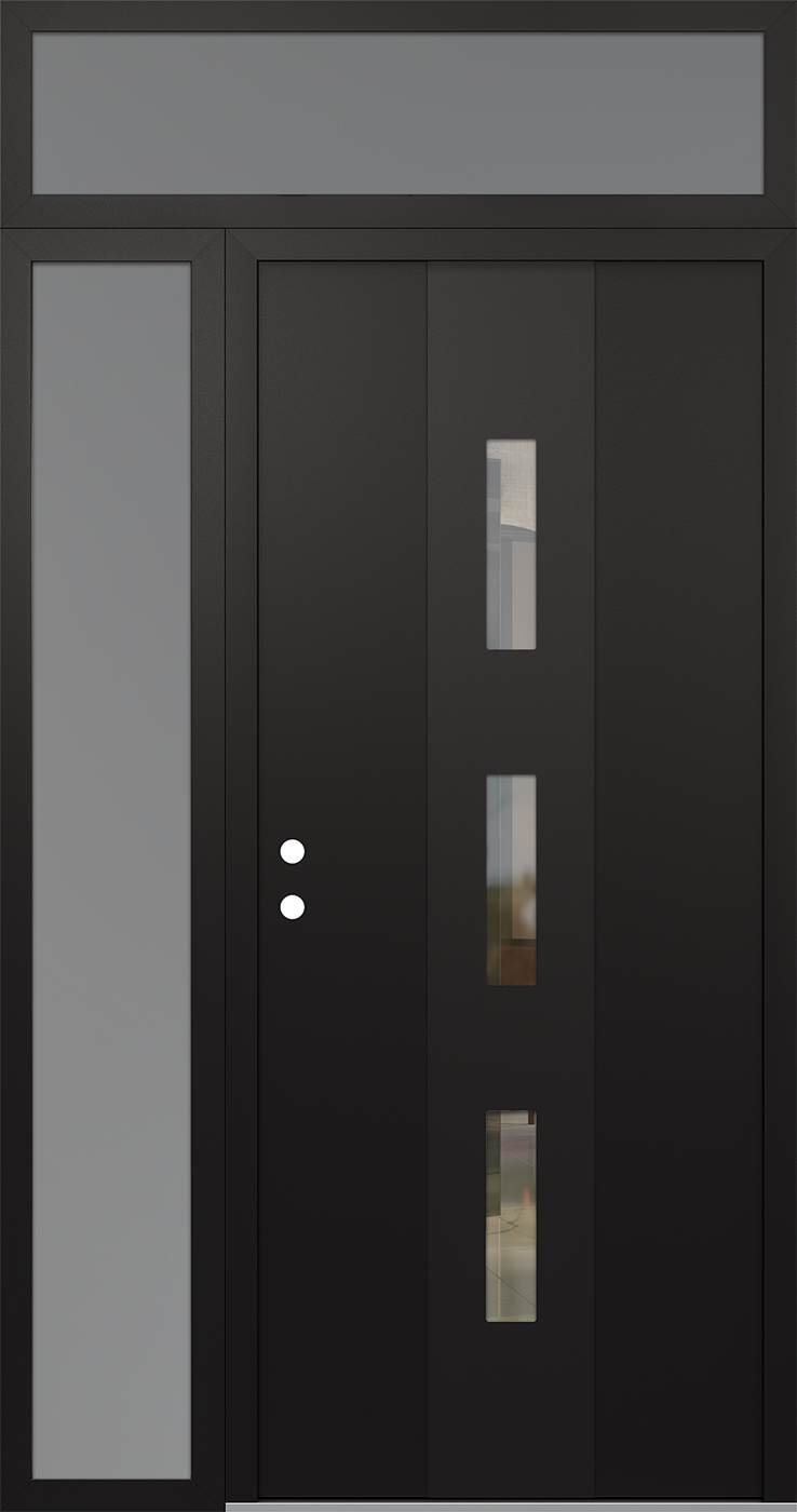 Modern Steel Front Door DIAMOND A7 50" X 96" BLACK/BLACK CLEAR GLASS PANEL BLACK RHI WITH SIDELITE AND TRANSOM MIRRORED GLASS