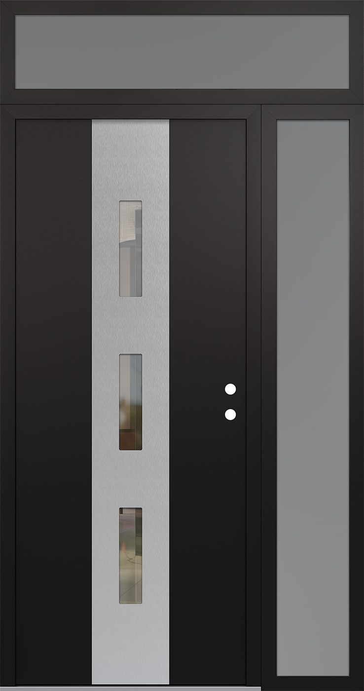 MODERN STEEL FRONT DOOR DIAMOND A7 50" X 96" BLACK/BLACK CLEAR GLASS PANEL STAINLESS STEEL LHI WITH SIDELITE AND TRANSOM MIRRORED GLASS