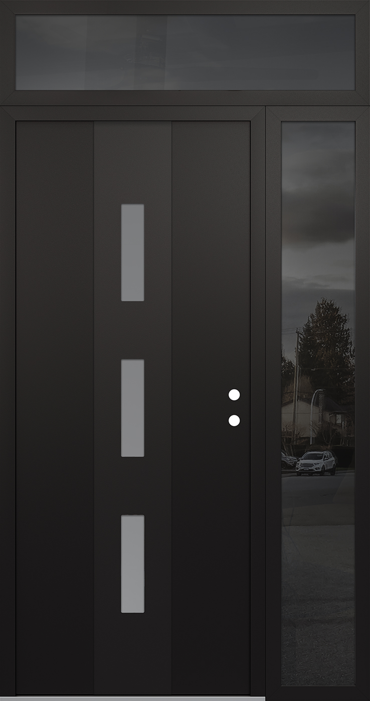 MODERN STEEL FRONT DOOR DIAMOND A7 50" X 96" BLACK/WHITE FROSTED GLASS PANEL BLACK LHI WITH SIDELITE AND TRANSOM MIRRORED GLASS