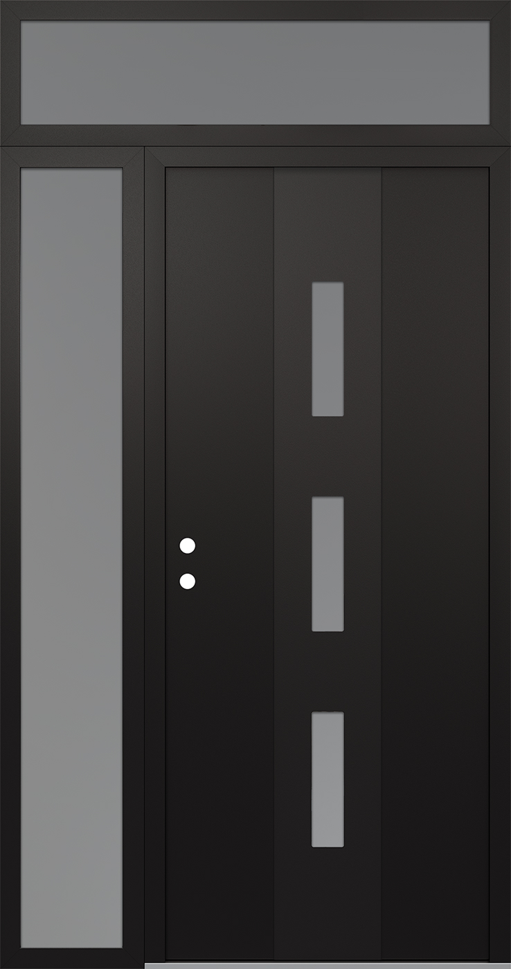 MODERN STEEL FRONT DOOR DIAMOND A7 50" X 96" BLACK/WHITE FROSTED GLASS PANEL BLACK RHI WITH SIDELITE AND TRANSOM CLEAR GLASS
