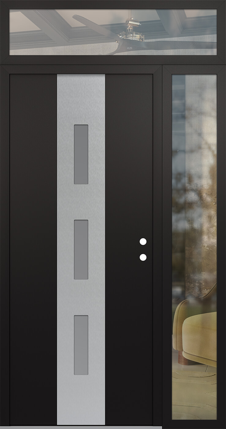MODERN STEEL FRONT DOOR DIAMOND A7 50" X 96" BLACK/WHITE FROSTED GLASS PANEL STAINLESS STEEL LHI WITH SIDELITE AND TRANSOM MIRRORED GLASS