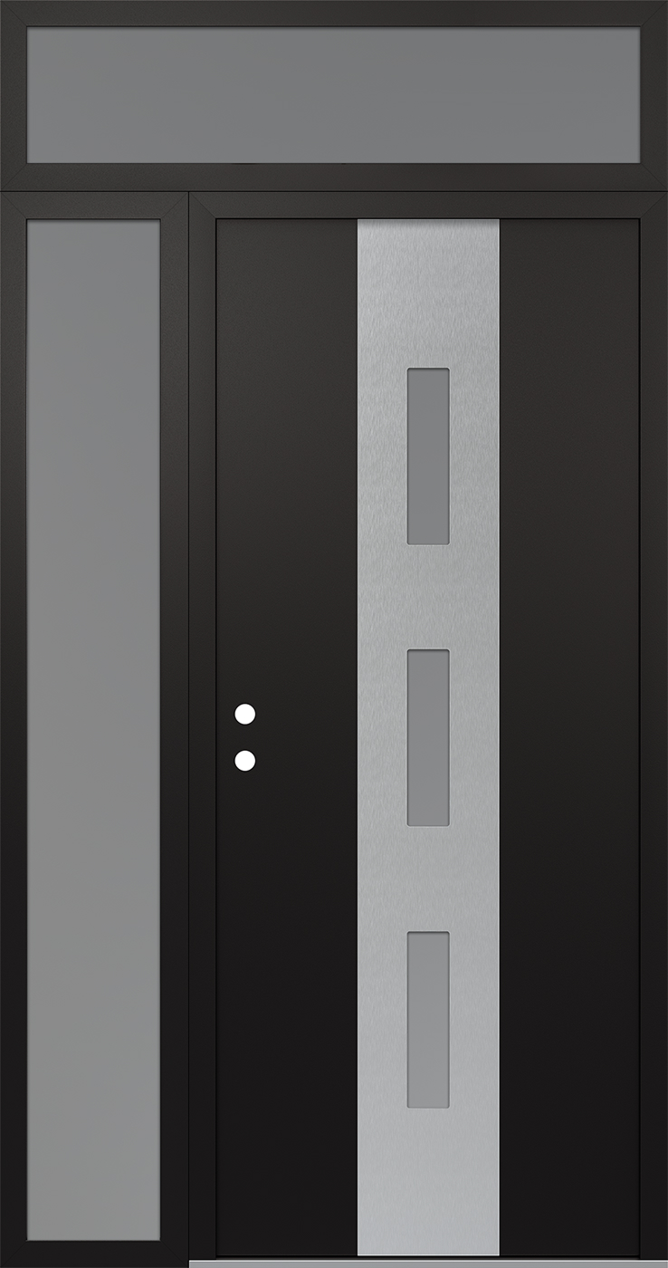 MODERN STEEL FRONT DOOR DIAMOND A7 50" X 96" BLACK/WHITE FROSTED GLASS PANEL STAINLESS STEEL RHI WITH SIDELITE AND TRANSOM MIRRORED GLASS