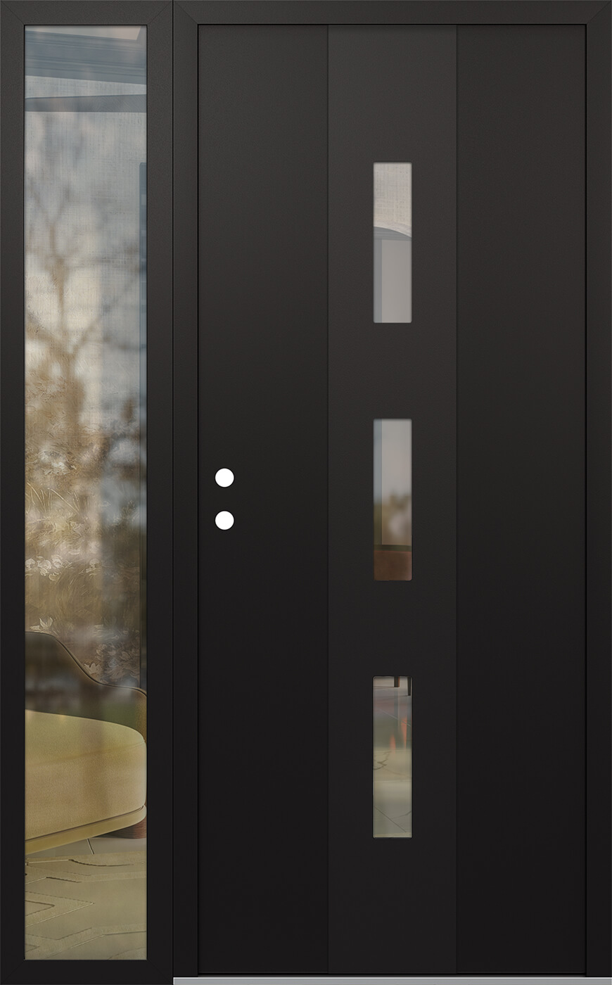 Modern Steel Front Door DIAMOND A7 52" X 80" BLACK/BLACK CLEAR GLASS PANEL BLACK RHI WITH SIDELITE CLEAR GLASS