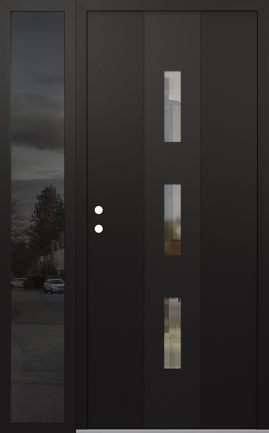 Modern Steel Front Door DIAMOND A7 52" X 80" BLACK/BLACK CLEAR GLASS PANEL BLACK RHI WITH SIDELITE MIRRORED GLASS