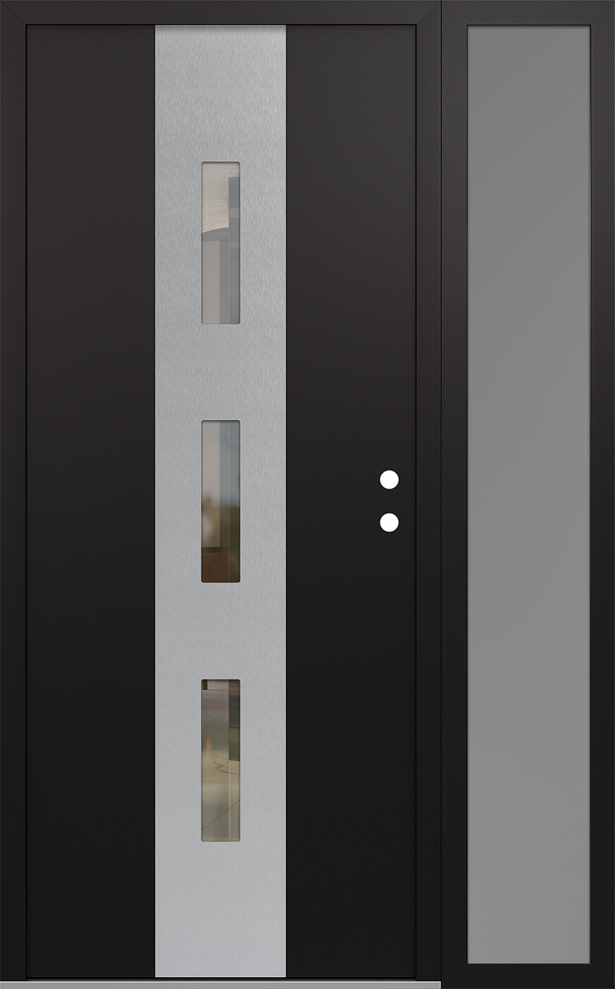 MODERN STEEL FRONT DOOR DIAMOND A7 52" X 80" BLACK/BLACK CLEAR GLASS PANEL STAINLESS STEEL LHI WITH SIDELITE MIRRORED GLASS