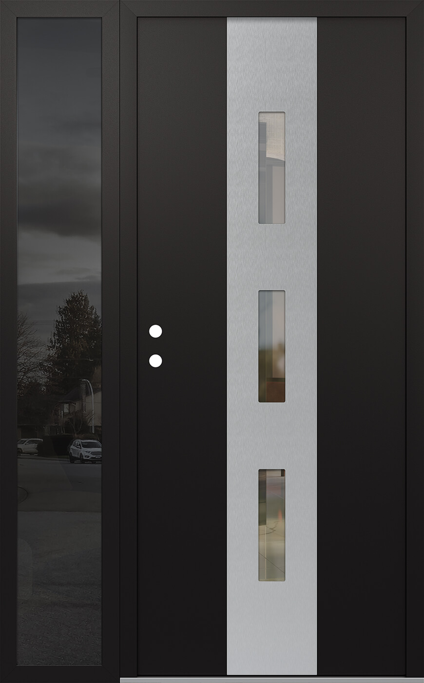 MODERN STEEL FRONT DOOR DIAMOND A7 52" X 80" BLACK/BLACK CLEAR GLASS PANEL STAINLESS STEEL RHI WITH SIDELITE FROSTED GLASS