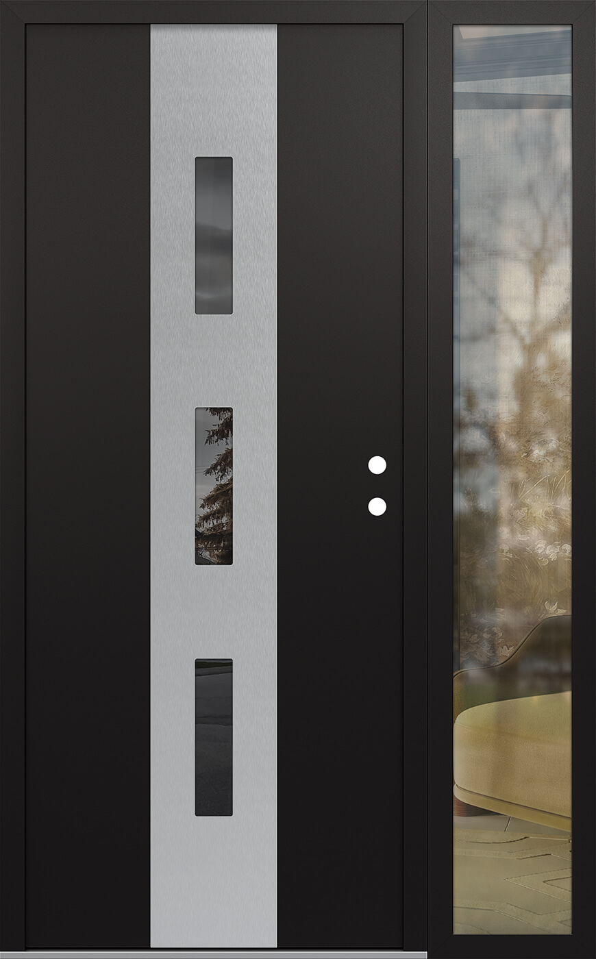 MODERN STEEL FRONT DOOR DIAMOND A7 52" X 80" BLACK/BLACK MIRRORED GLASS PANEL STAINLESS STEEL LHI WITH SIDELITE CLEAR GLASS