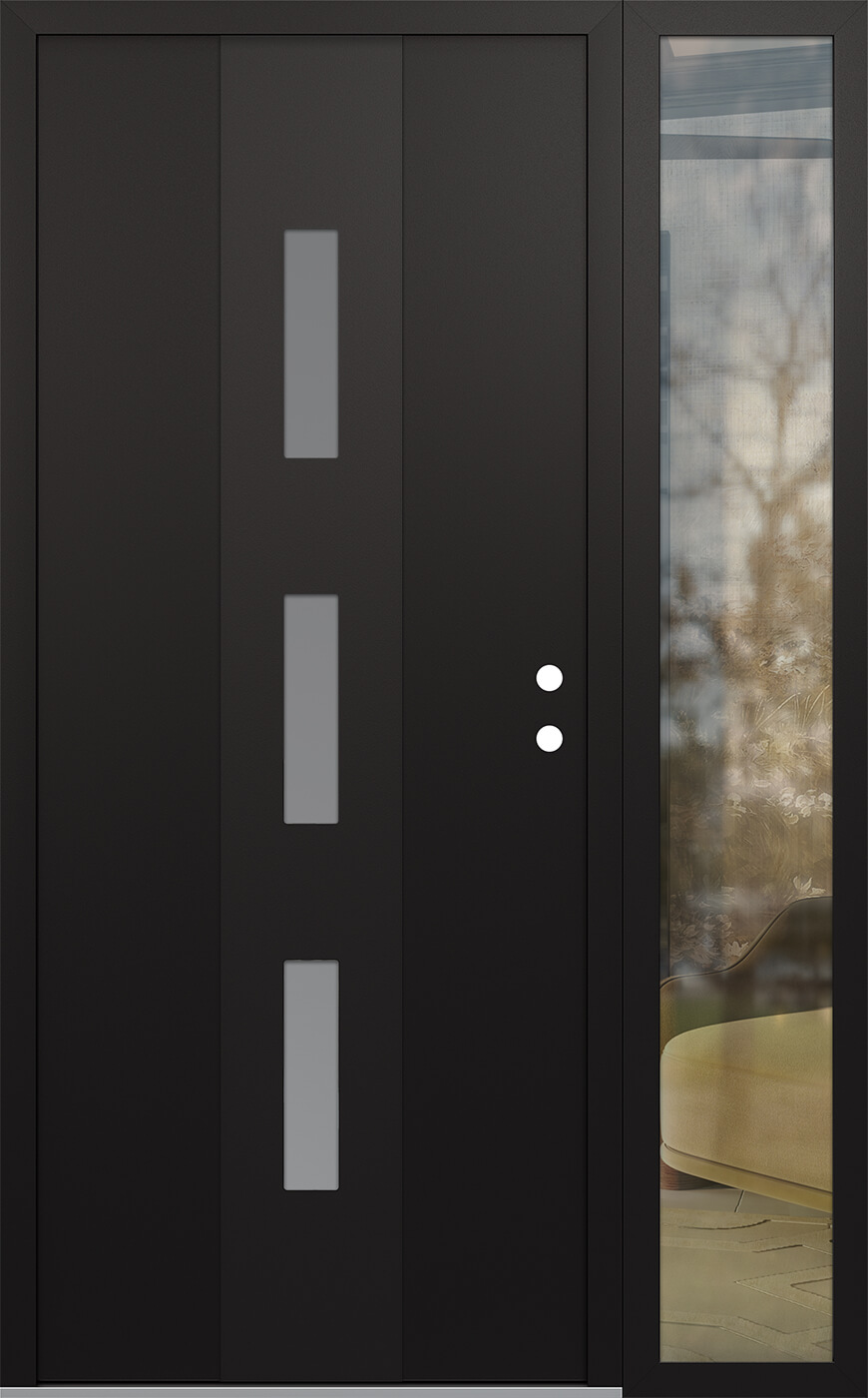 MODERN STEEL FRONT DOOR DIAMOND A7 52" X 80" BLACK/WHITE FROSTED GLASS PANEL BLACK LHI WITH SIDELITE CLEAR GLASS