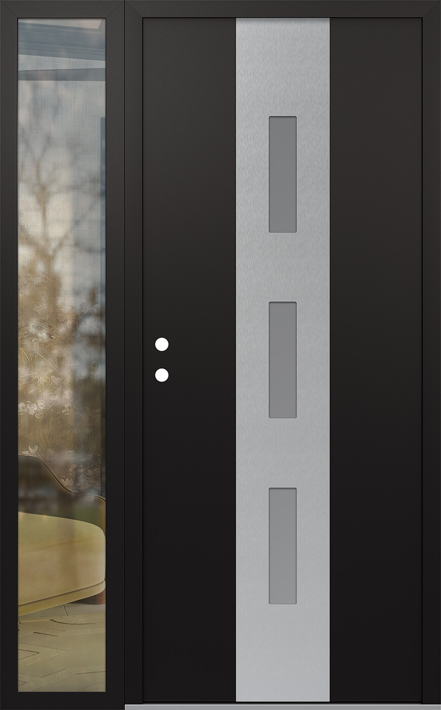 MODERN STEEL FRONT DOOR DIAMOND A7 52" X 80" BLACK/WHITE FROSTED GLASS PANEL STAINLESS STEEL RHI WITH SIDELITE MIRRORED GLASS