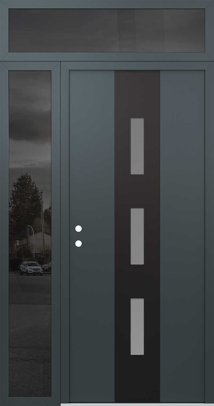 Modern Steel Front Door DIAMOND A7 52" X 96" ANTHRACITE/ANTHRACITE FROSTED GLASS PANEL BLACK RHI WITH SIDELITE AND TRANSOM FROSTED GLASS