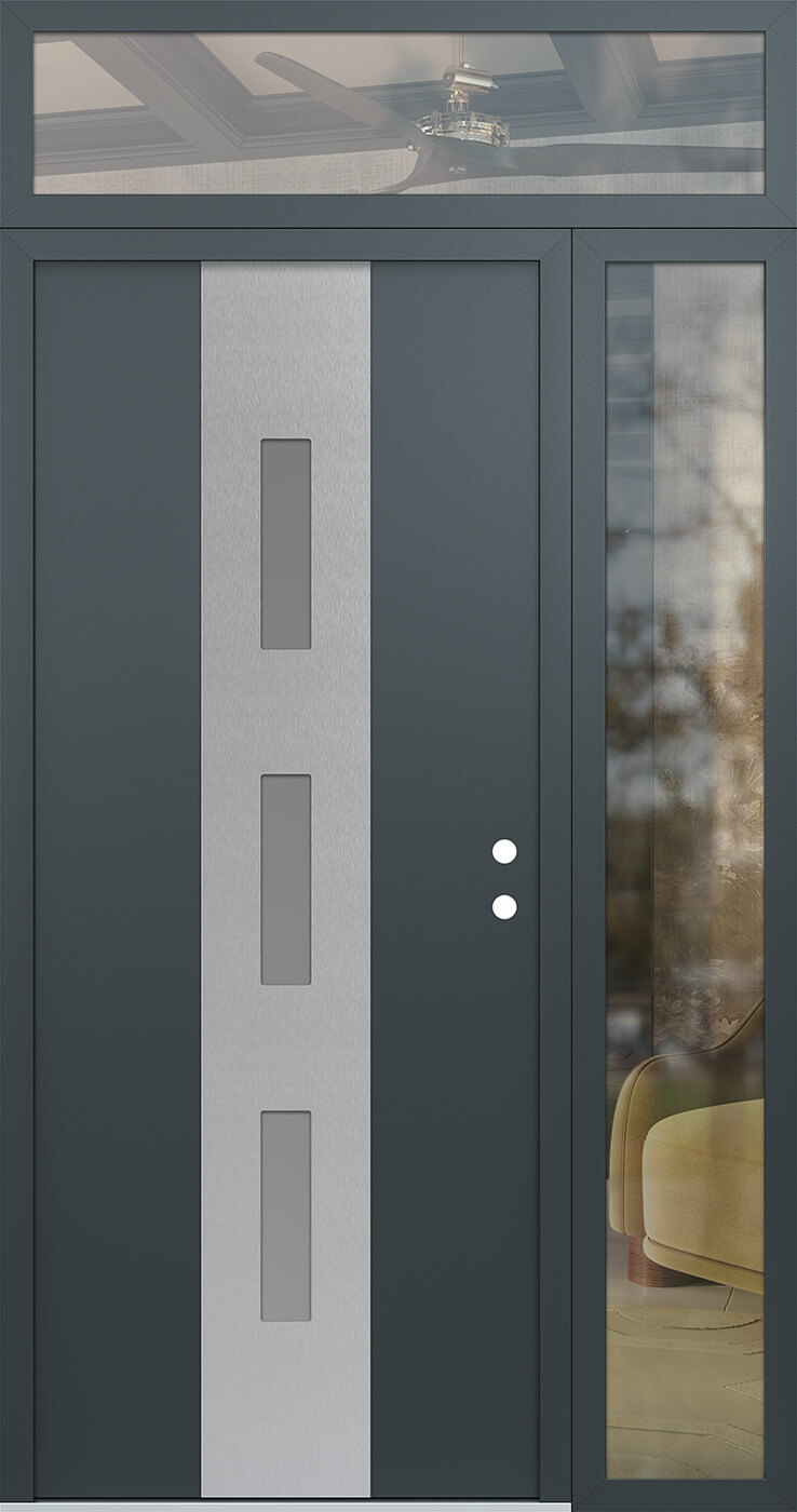 Modern Steel Front Door DIAMOND A7 52" X 96" ANTHRACITE/ANTHRACITE FROSTED GLASS PANEL STAINLESS STEEL LHI WITH SIDELITE AND TRANSOM CLEAR GLASS